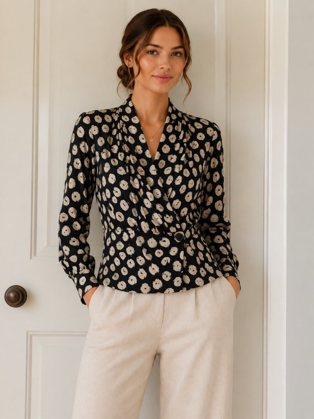 Vtg Constance Saunders 100% silk blouse black cream abstract circles sz 4 ~ M